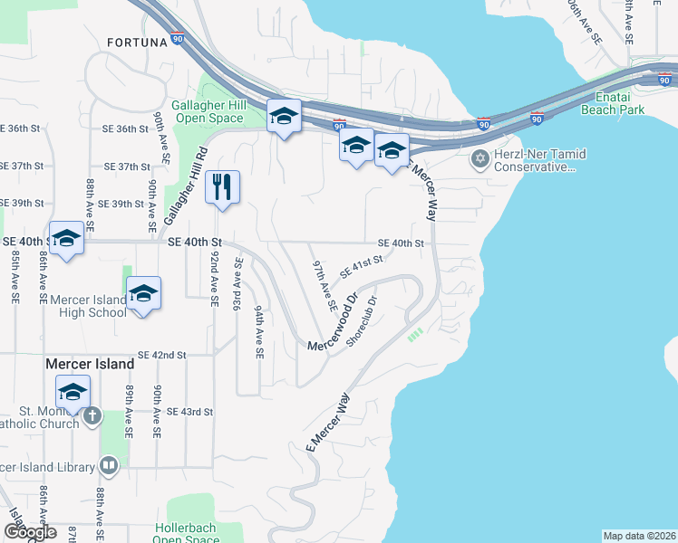 map of restaurants, bars, coffee shops, grocery stores, and more near 4018 97th Avenue Southeast in Mercer Island