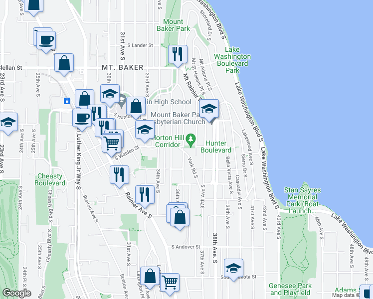 map of restaurants, bars, coffee shops, grocery stores, and more near 3240 36th Avenue South in Seattle