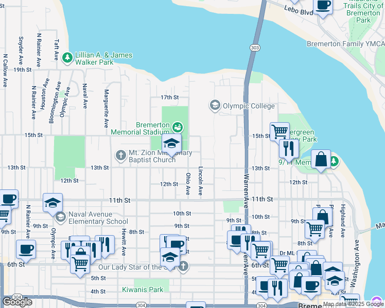 map of restaurants, bars, coffee shops, grocery stores, and more near 1410 Ohio Avenue in Bremerton