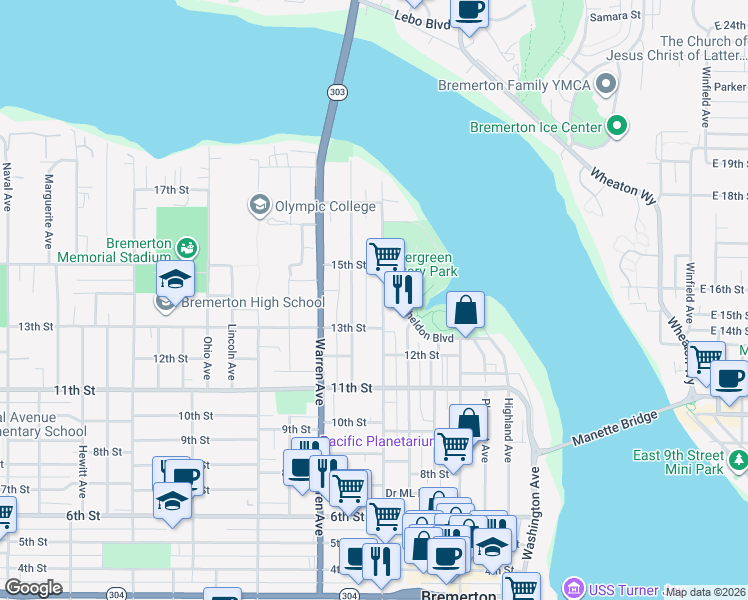 map of restaurants, bars, coffee shops, grocery stores, and more near 1327 Park Avenue in Bremerton