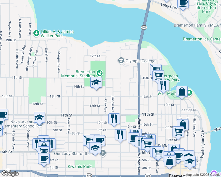 map of restaurants, bars, coffee shops, grocery stores, and more near 1305 14th Street in Bremerton