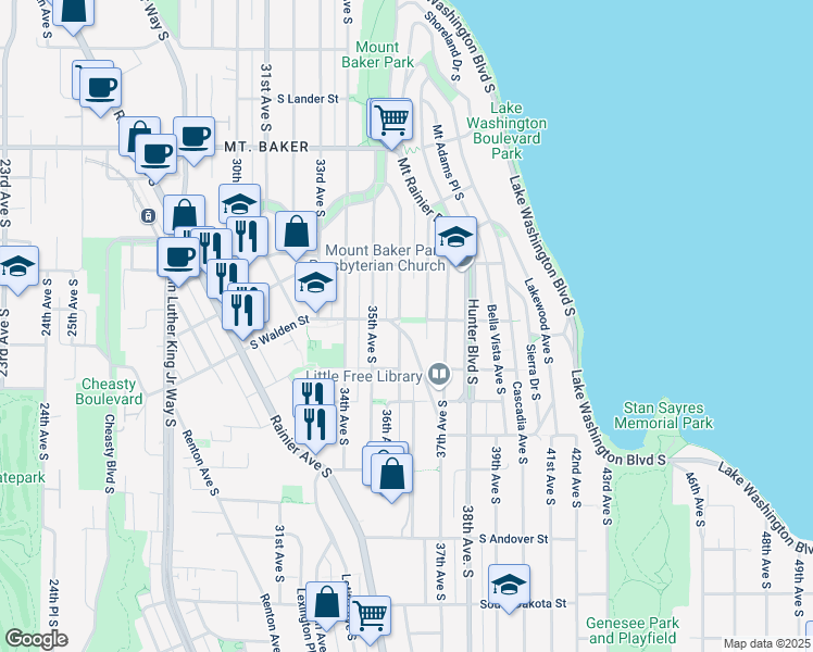 map of restaurants, bars, coffee shops, grocery stores, and more near 3240 36th Avenue South in Seattle