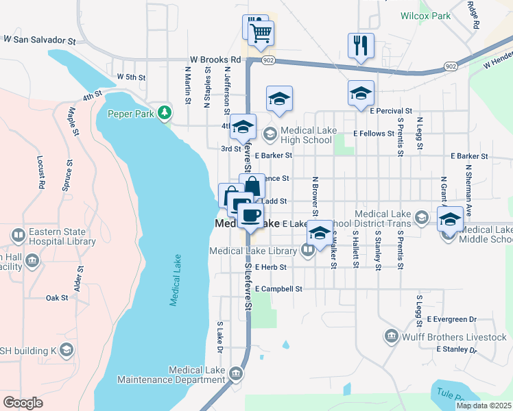 map of restaurants, bars, coffee shops, grocery stores, and more near 212 North Lefevre Street in Medical Lake