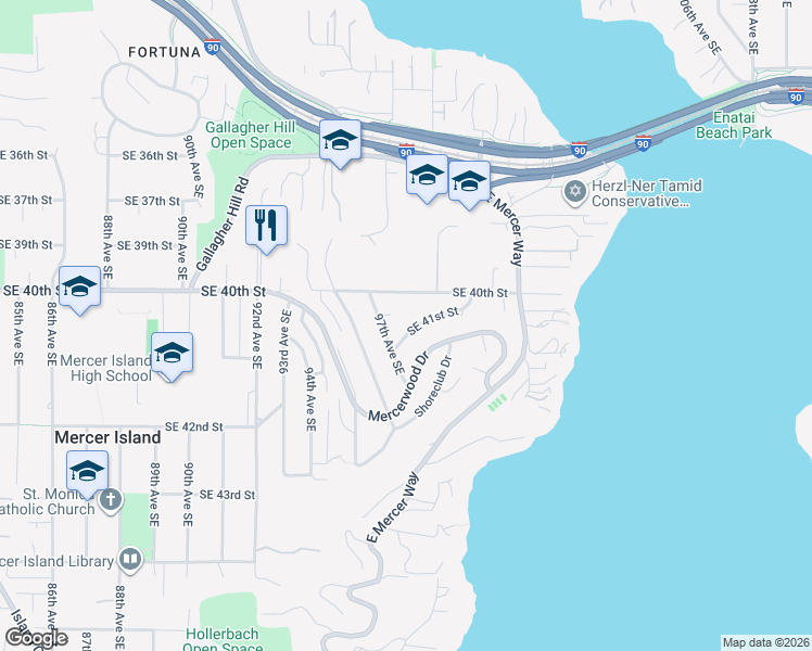 map of restaurants, bars, coffee shops, grocery stores, and more near 4018 97th Avenue Southeast in Mercer Island