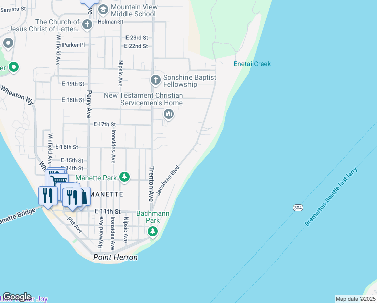 map of restaurants, bars, coffee shops, grocery stores, and more near 1363 Jacobsen Boulevard in Bremerton