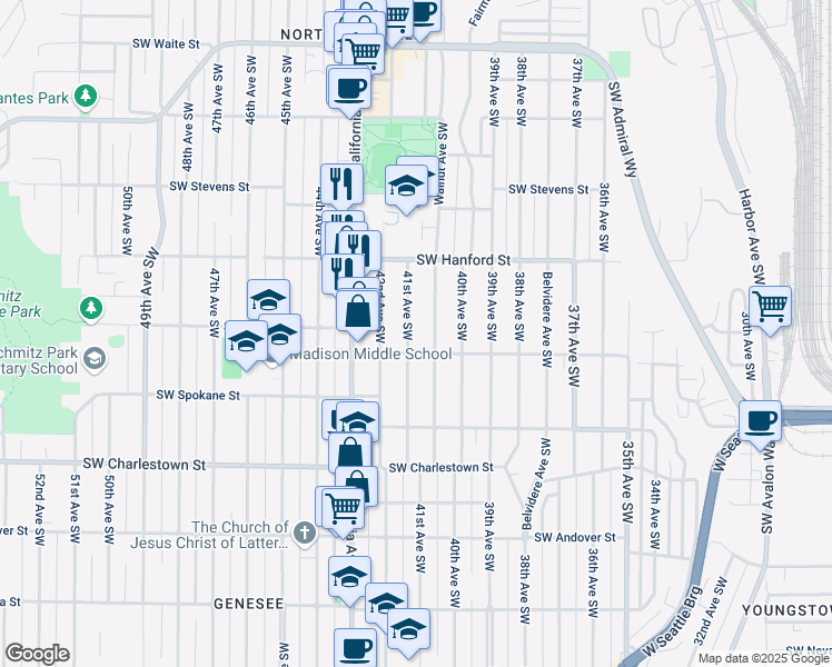 map of restaurants, bars, coffee shops, grocery stores, and more near 3264 41st Avenue Southwest in Seattle