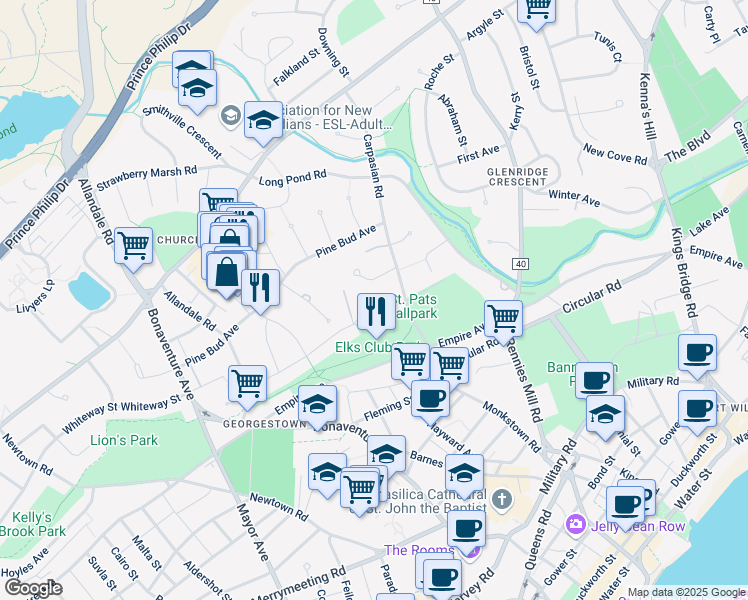 map of restaurants, bars, coffee shops, grocery stores, and more near 8 Hawthorne Place in St. John's