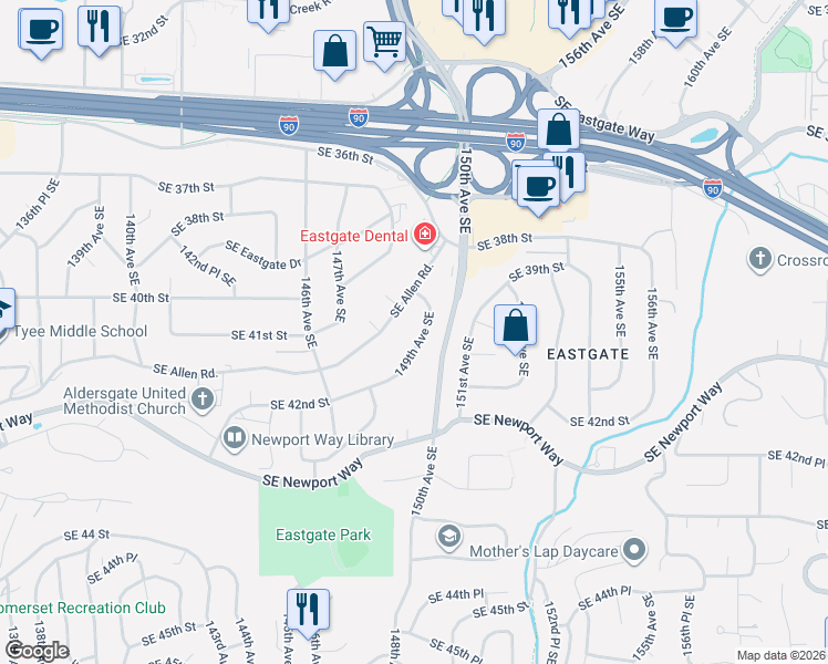 map of restaurants, bars, coffee shops, grocery stores, and more near 4029 149th Avenue Southeast in Bellevue