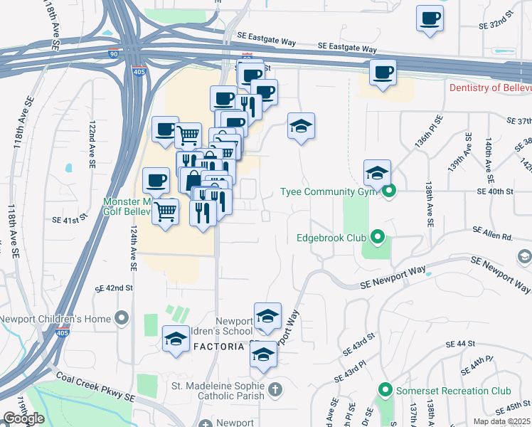 map of restaurants, bars, coffee shops, grocery stores, and more near in Bellevue