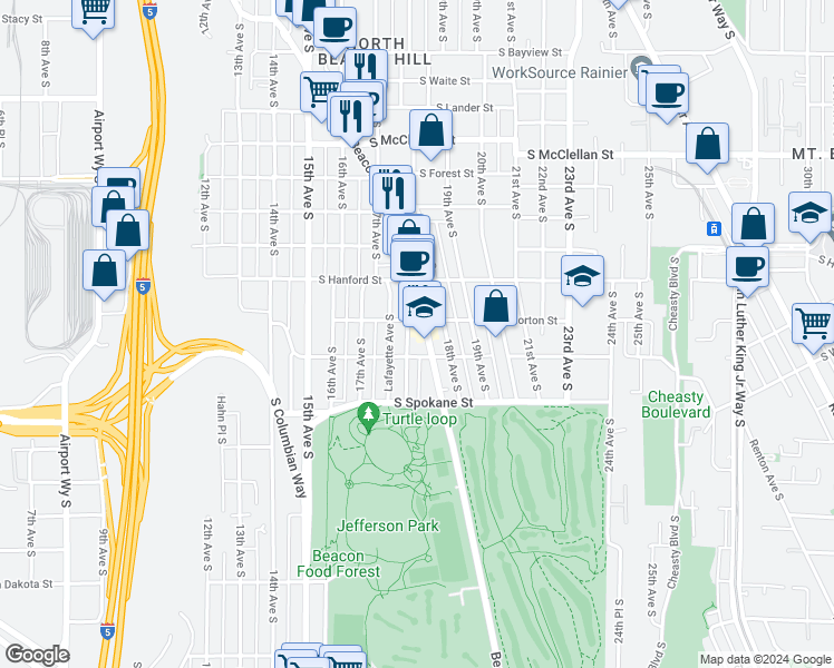 map of restaurants, bars, coffee shops, grocery stores, and more near 1753 South Horton Street in Seattle