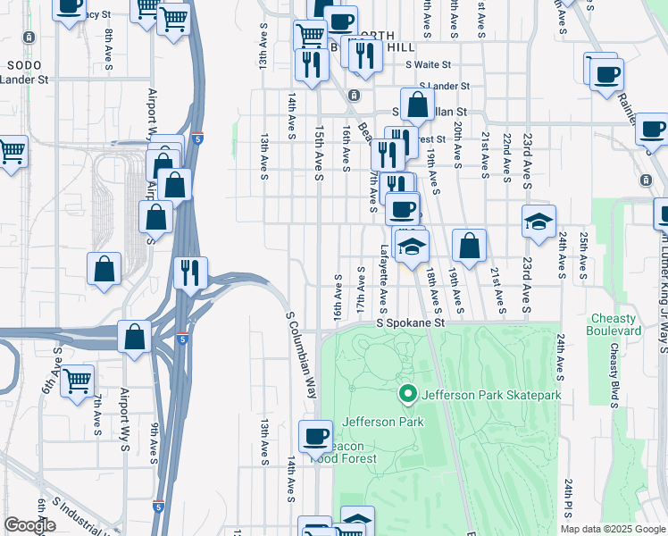 map of restaurants, bars, coffee shops, grocery stores, and more near 3236 15th Avenue South in Seattle