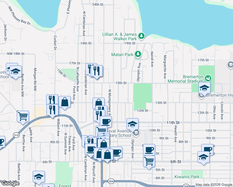 map of restaurants, bars, coffee shops, grocery stores, and more near 1334 North Montgomery Avenue in Bremerton