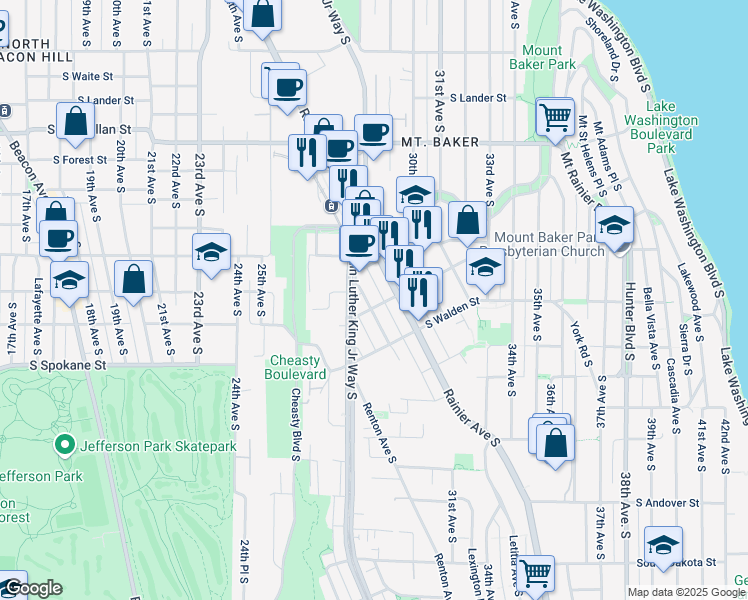 map of restaurants, bars, coffee shops, grocery stores, and more near 3300 Martin Luther King Junior Way South in Seattle