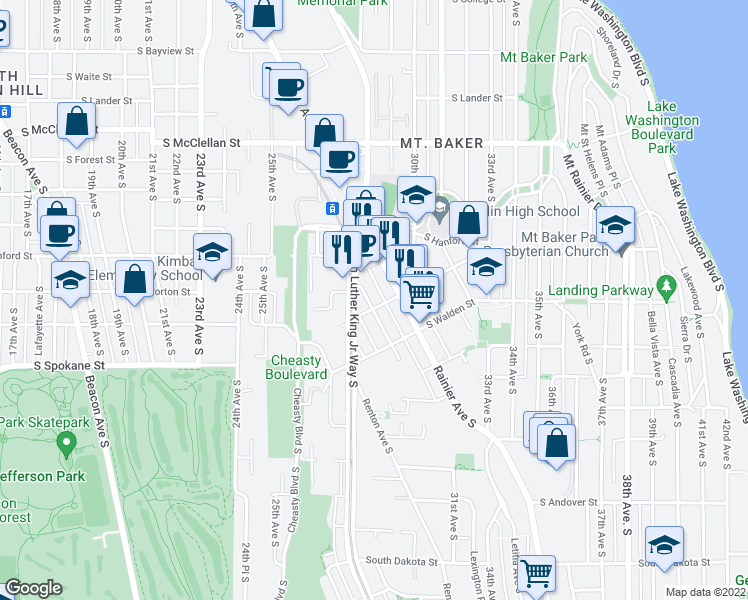 map of restaurants, bars, coffee shops, grocery stores, and more near 3300 Martin Luther King Junior Way South in Seattle