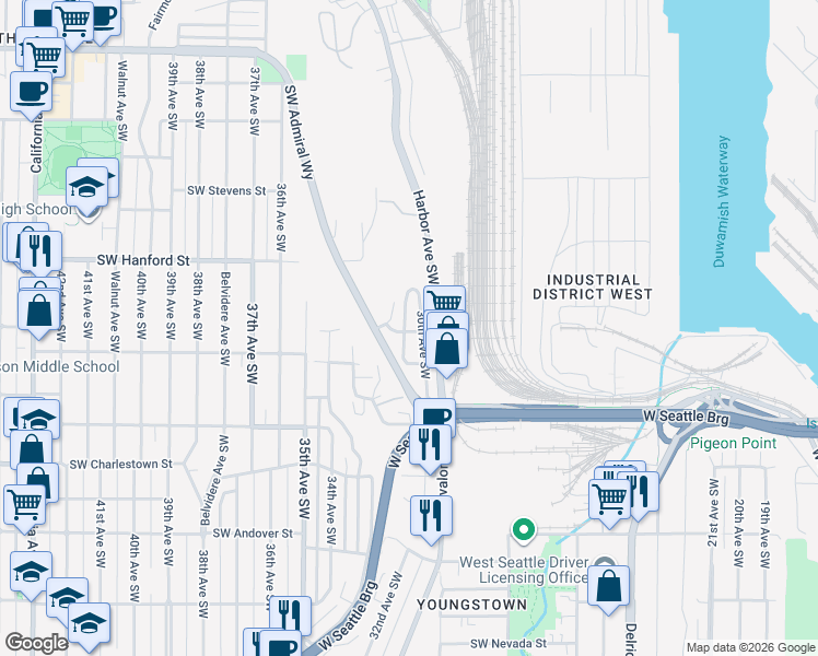 map of restaurants, bars, coffee shops, grocery stores, and more near 3257 30th Avenue Southwest in Seattle