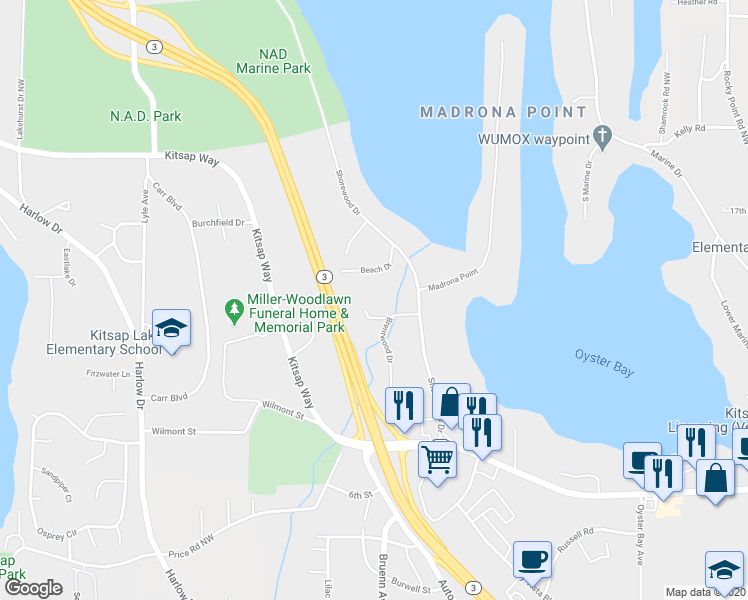 map of restaurants, bars, coffee shops, grocery stores, and more near 5305 Beach Drive in Bremerton