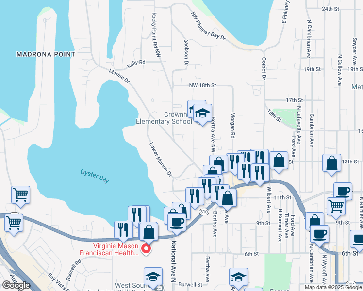 map of restaurants, bars, coffee shops, grocery stores, and more near 1336 Marine Drive in Bremerton