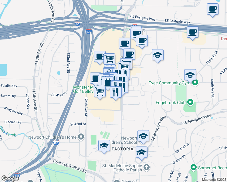 map of restaurants, bars, coffee shops, grocery stores, and more near 4035 Factoria Square Mall Southeast in Bellevue