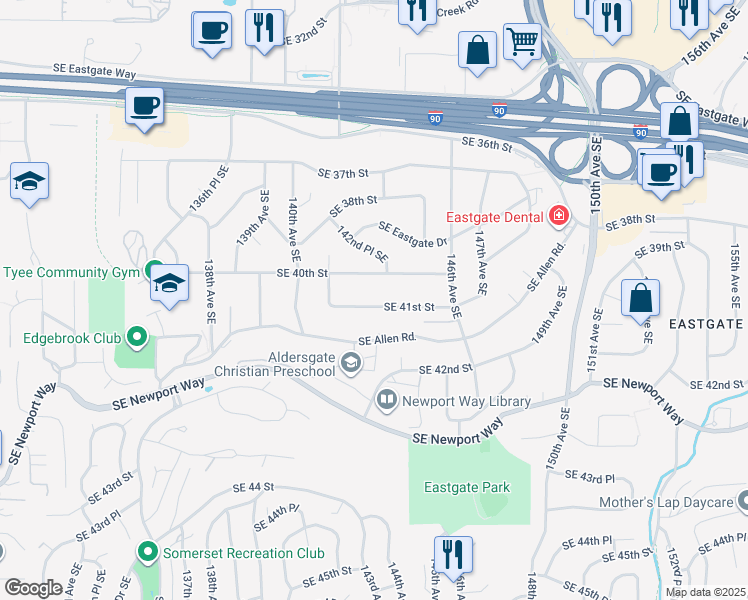 map of restaurants, bars, coffee shops, grocery stores, and more near 14240 Southeast 41st Street in Bellevue