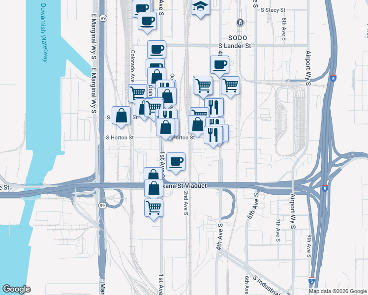map of restaurants, bars, coffee shops, grocery stores, and more near 151 South Horton Street in Seattle
