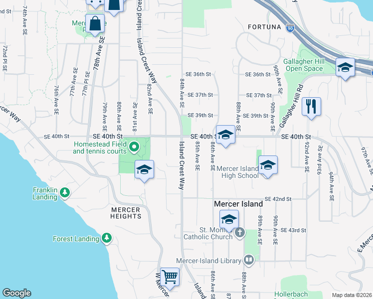 map of restaurants, bars, coffee shops, grocery stores, and more near 4026 Island Crest Way in Mercer Island