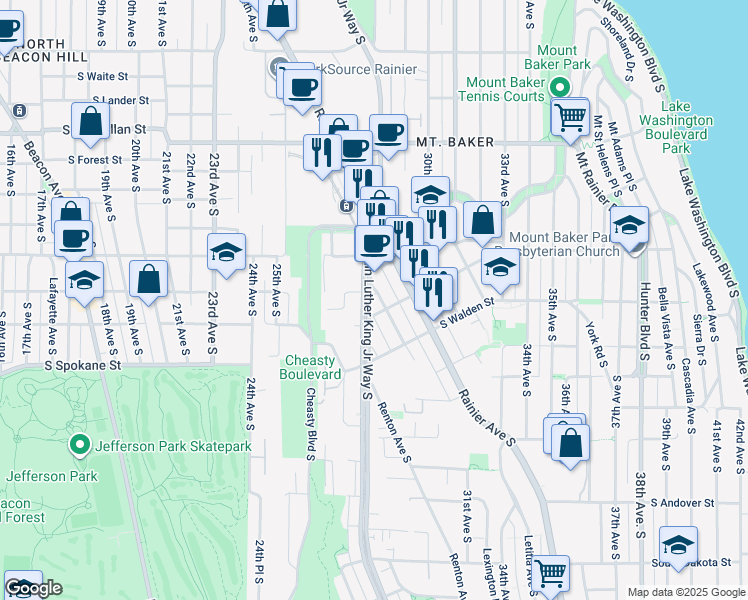 map of restaurants, bars, coffee shops, grocery stores, and more near 3300 Martin Luther King Junior Way South in Seattle