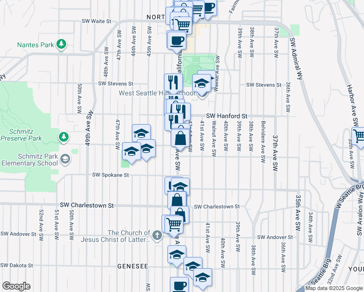 map of restaurants, bars, coffee shops, grocery stores, and more near 3262 California Avenue Southwest in Seattle