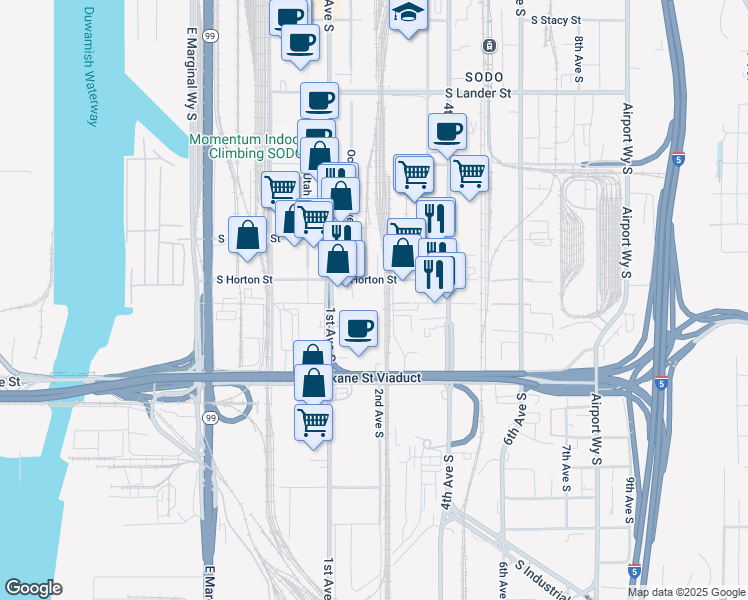 map of restaurants, bars, coffee shops, grocery stores, and more near 151 South Horton Street in Seattle