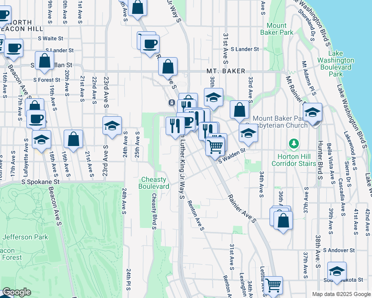 map of restaurants, bars, coffee shops, grocery stores, and more near 3300 Martin Luther King Junior Way South in Seattle