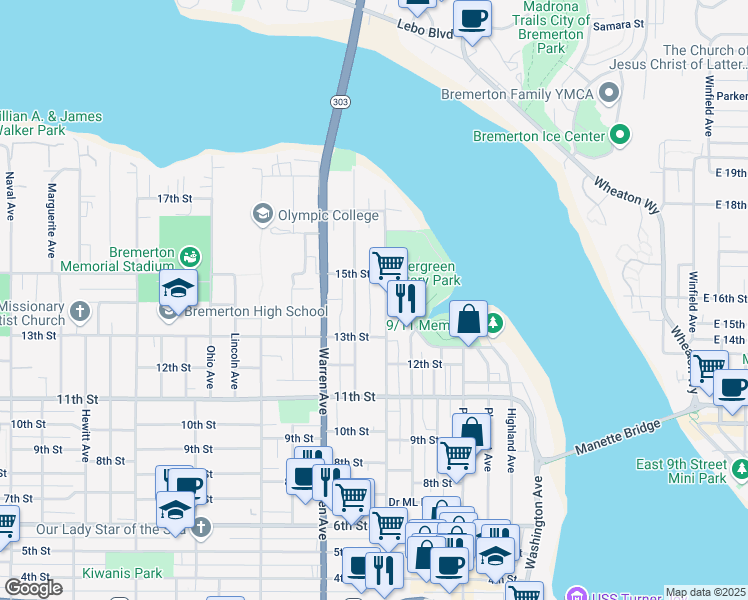 map of restaurants, bars, coffee shops, grocery stores, and more near 1331 Park Avenue in Bremerton