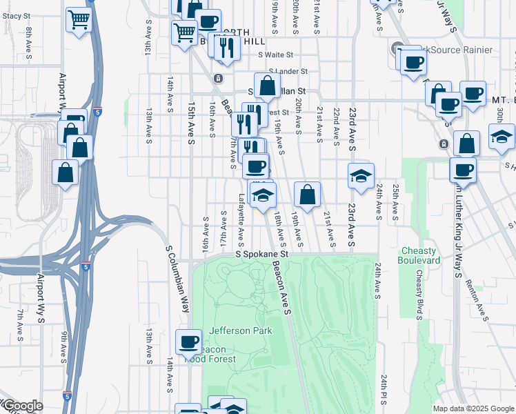 map of restaurants, bars, coffee shops, grocery stores, and more near 1753 South Horton Street in Seattle