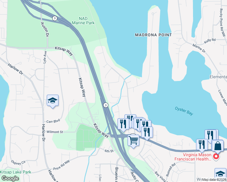 map of restaurants, bars, coffee shops, grocery stores, and more near 5315 Beach Drive in Bremerton
