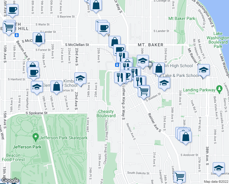 map of restaurants, bars, coffee shops, grocery stores, and more near 3301 27th Avenue South in Seattle