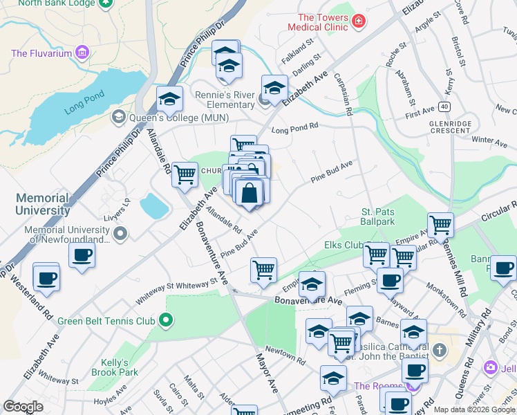 map of restaurants, bars, coffee shops, grocery stores, and more near 4 Rowan Street in St. John's