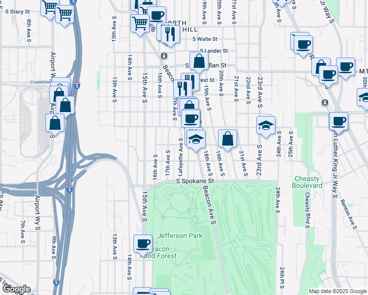 map of restaurants, bars, coffee shops, grocery stores, and more near 1727 South Horton Street in Seattle