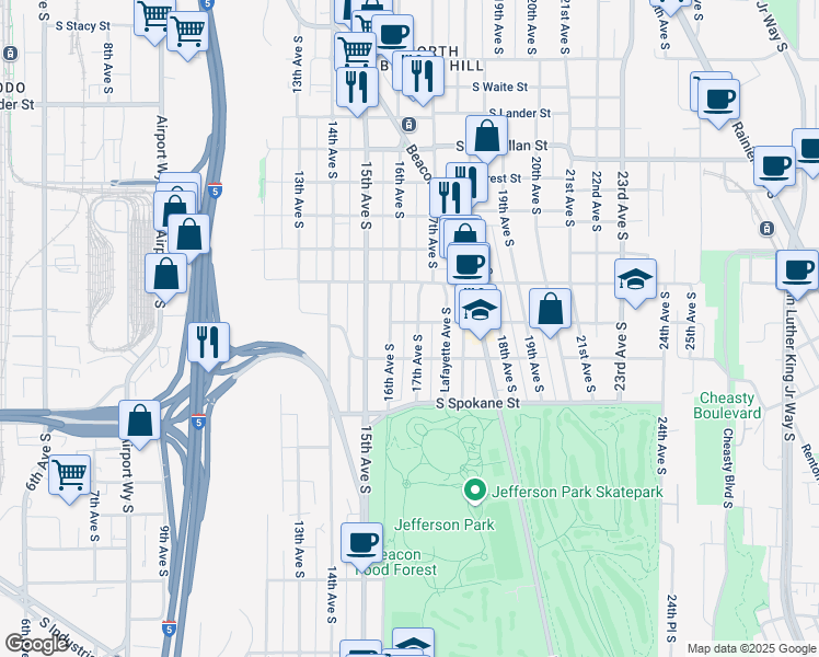 map of restaurants, bars, coffee shops, grocery stores, and more near 3301 17th Avenue South in Seattle