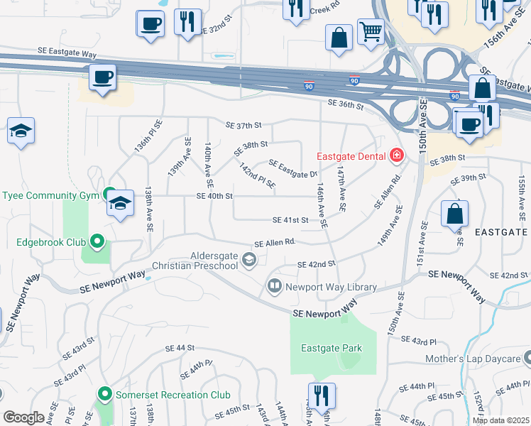 map of restaurants, bars, coffee shops, grocery stores, and more near 14240 Southeast 41st Street in Bellevue