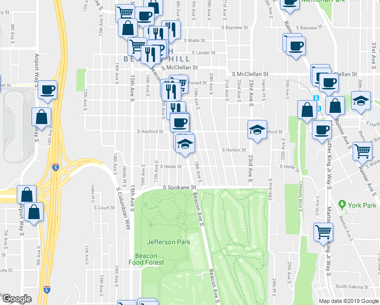 map of restaurants, bars, coffee shops, grocery stores, and more near 1753 South Horton Street in Seattle