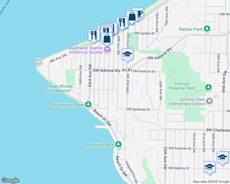 map of restaurants, bars, coffee shops, grocery stores, and more near 3400 61st Avenue Southwest in Seattle
