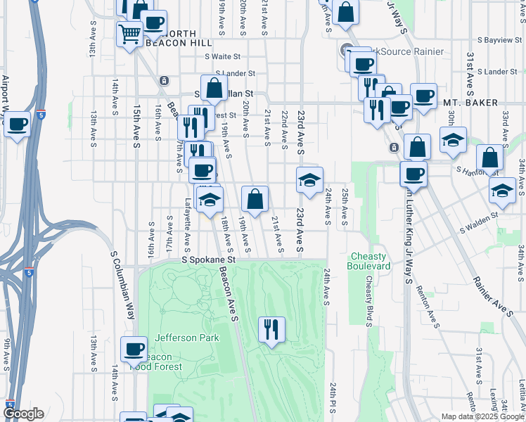 map of restaurants, bars, coffee shops, grocery stores, and more near 3302 20th Avenue South in Seattle