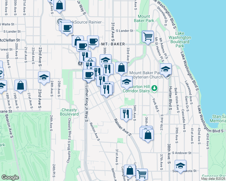 map of restaurants, bars, coffee shops, grocery stores, and more near 3318 Wetmore Avenue South in Seattle