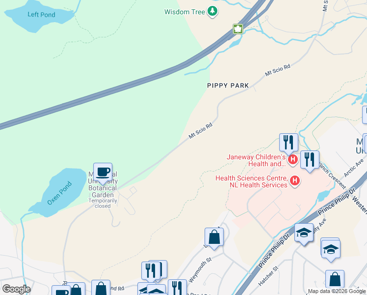 map of restaurants, bars, coffee shops, grocery stores, and more near 213 Mount Scio Road in St. John's