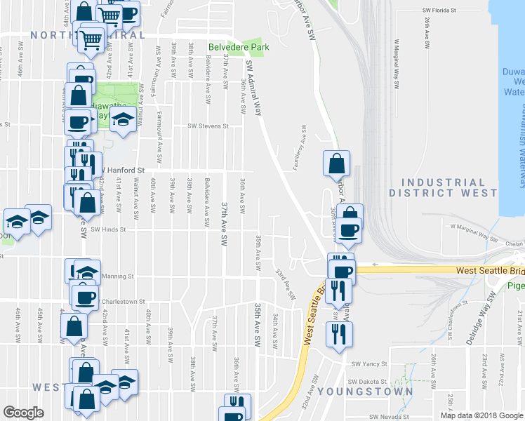 map of restaurants, bars, coffee shops, grocery stores, and more near 3256 35th Avenue Southwest in Seattle
