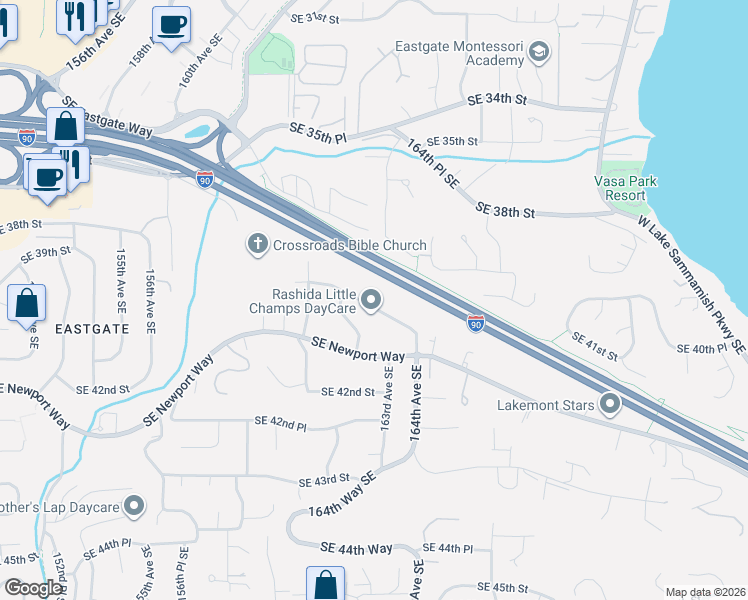 map of restaurants, bars, coffee shops, grocery stores, and more near 3983 162nd Place Southeast in Bellevue