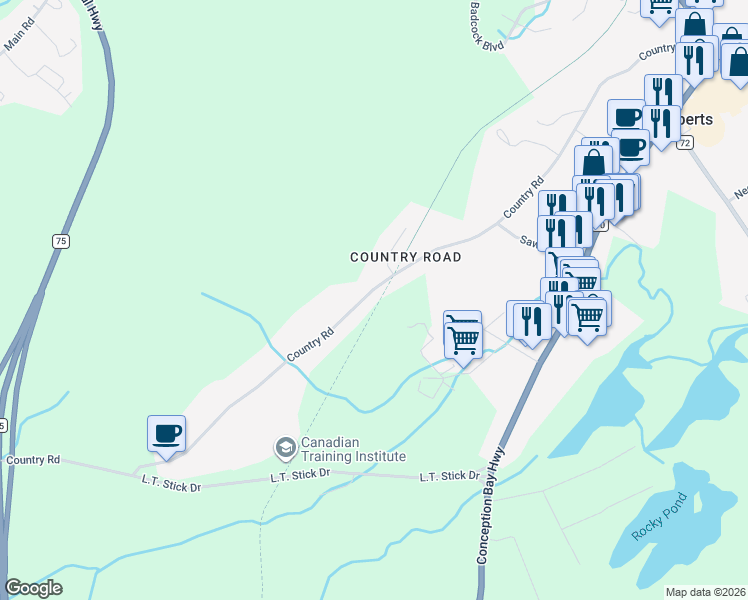 map of restaurants, bars, coffee shops, grocery stores, and more near 141 Country Road in Bay Roberts