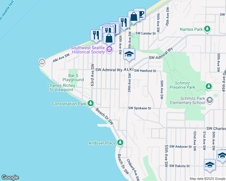 map of restaurants, bars, coffee shops, grocery stores, and more near 3400 61st Avenue Southwest in Seattle