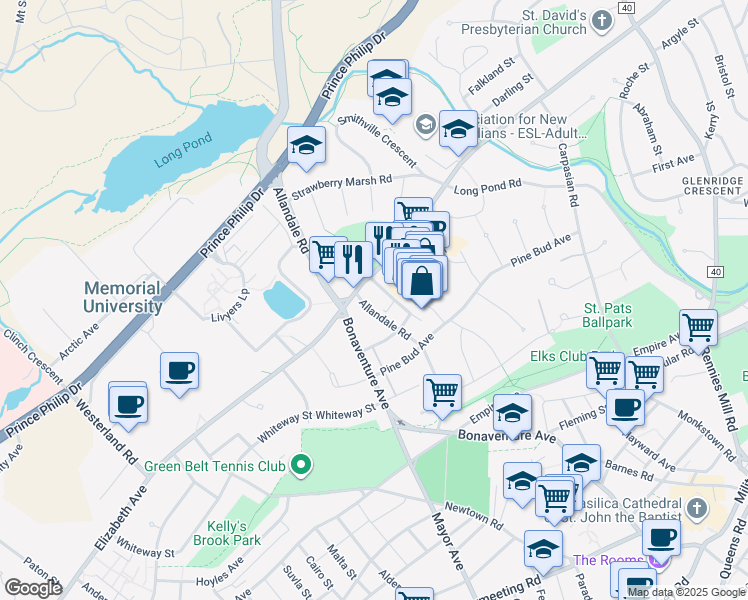 map of restaurants, bars, coffee shops, grocery stores, and more near 50 Allandale Road in St. John's