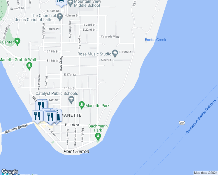 map of restaurants, bars, coffee shops, grocery stores, and more near 1604 Trenton Avenue in Bremerton