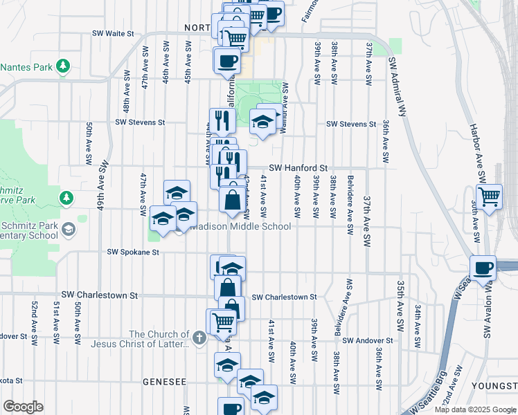 map of restaurants, bars, coffee shops, grocery stores, and more near 3259 41st Avenue Southwest in Seattle