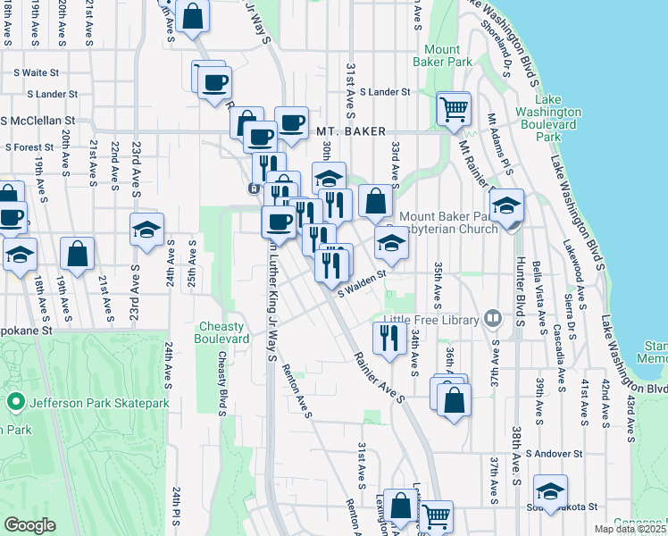 map of restaurants, bars, coffee shops, grocery stores, and more near 3309 Wetmore Avenue South in Seattle